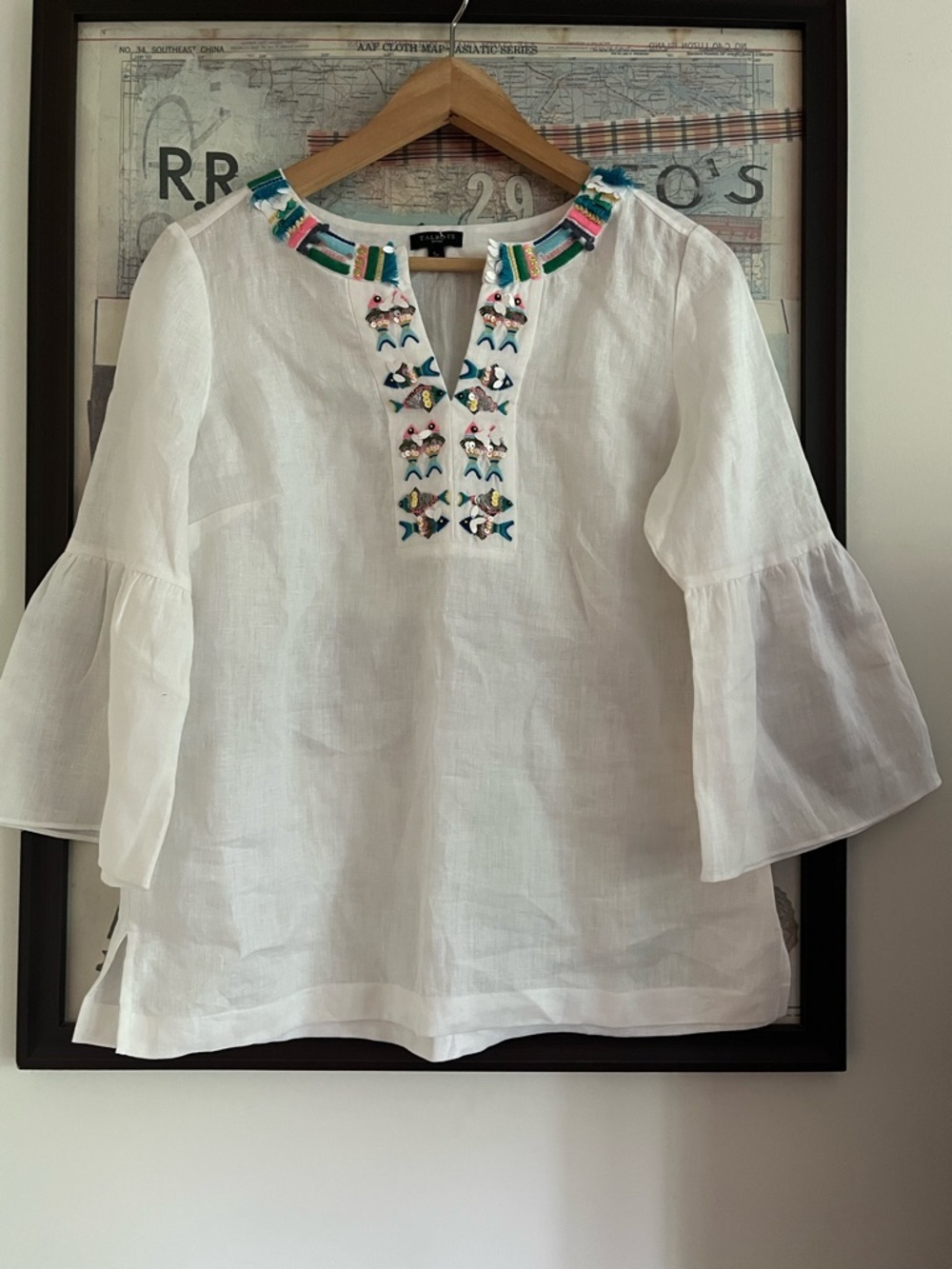 NWOT Talbots 💯 Linen White Bell Sleeved Sequin Fish Tunic